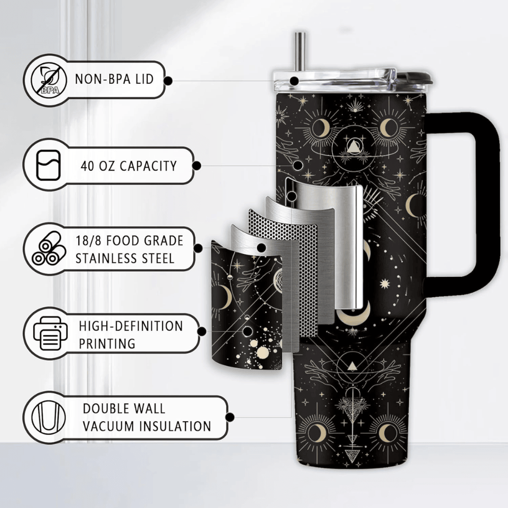 40oz "Midnight Mystique" Gothic Tumbler | Mystical Moon & Moth Gift for Dark Aesthetic Lovers