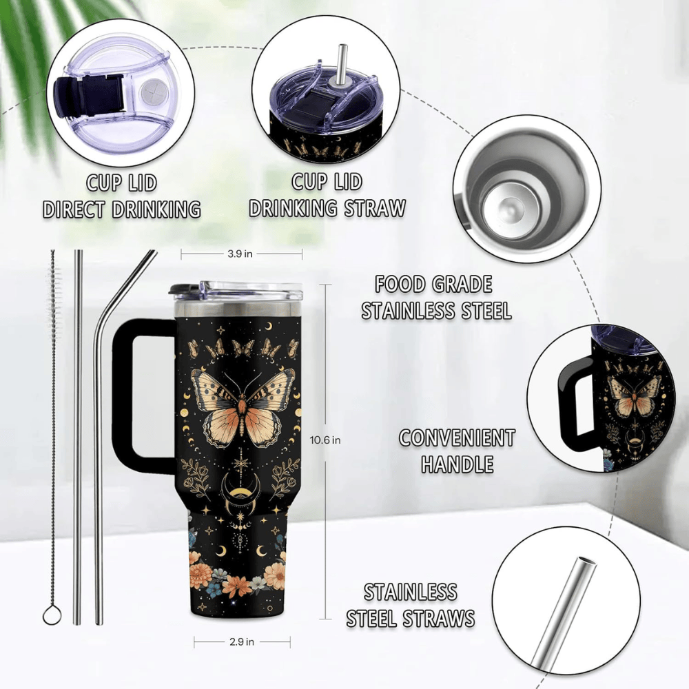 40oz "Midnight Butterfly" Goth Tumbler | Mystical Floral & Witchy Gift for Butterfly Lovers