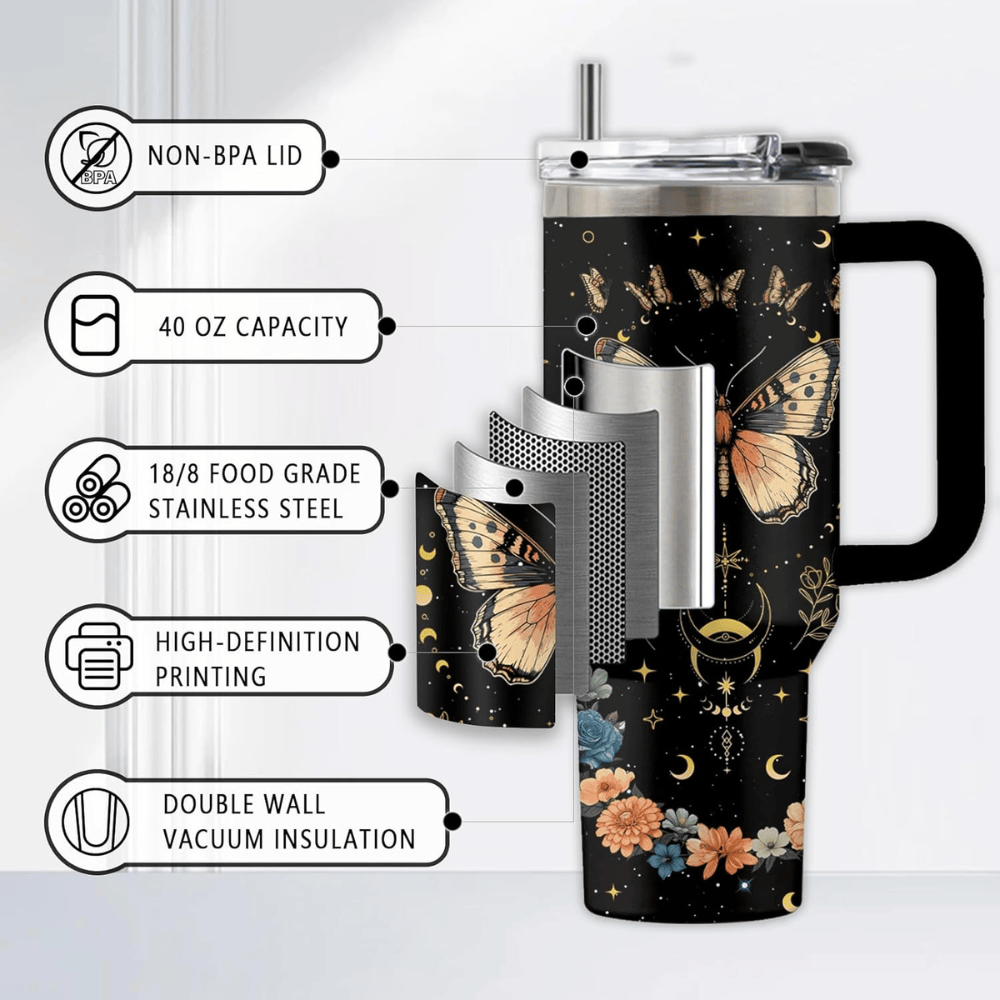 40oz "Midnight Butterfly" Goth Tumbler | Mystical Floral & Witchy Gift for Butterfly Lovers
