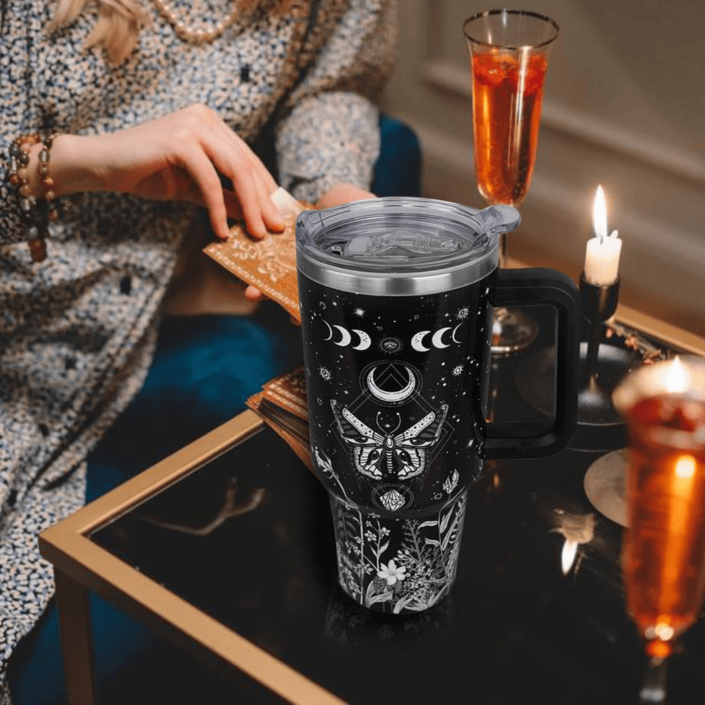 40oz "Celestial Butterfly" Goth Tumbler | Moon Phase & Mystical Leak-Proof Travel Mug