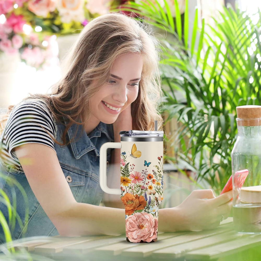 40oz Abstract Retro Floral Tumbler | Mid-Century Boho Flower Gift for Plant Lovers & Gardeners
