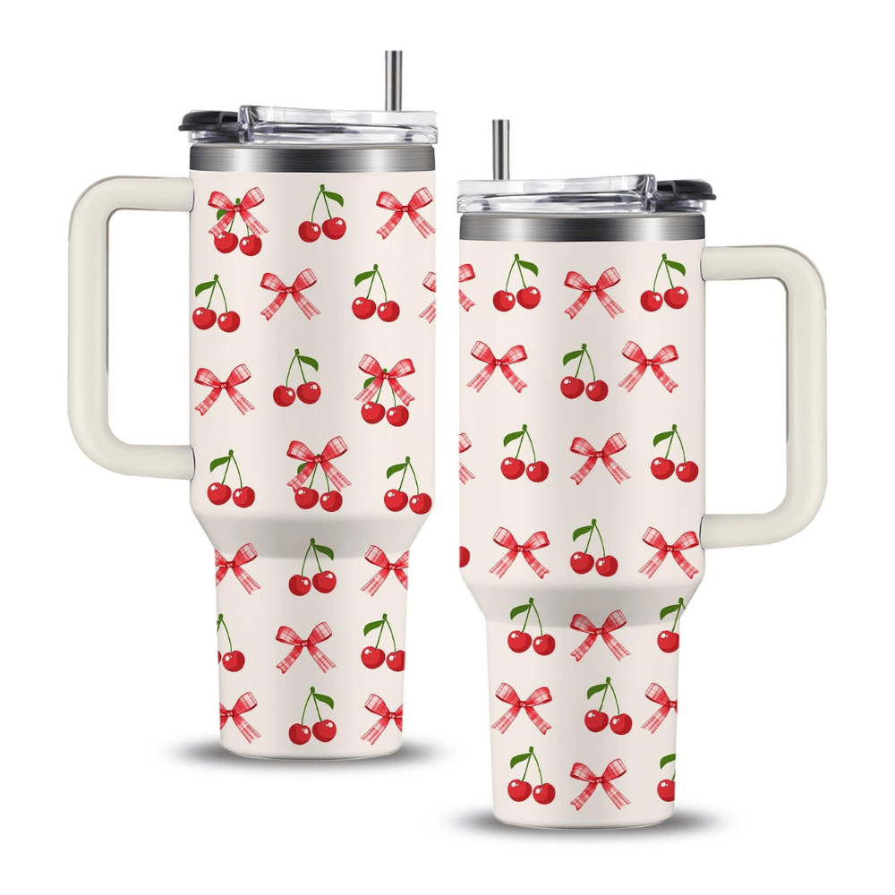 40oz Coquette Cherry Bow Tumbler | Aesthetic Pink & Cherry Gift for Her, Girls & Fruit Lovers