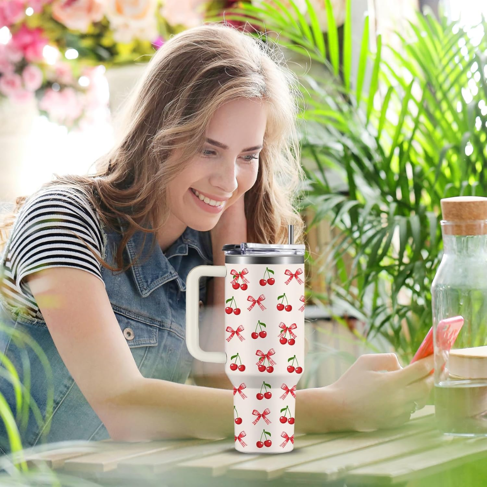 40oz Coquette Cherry Bow Tumbler | Aesthetic Pink & Cherry Gift for Her, Girls & Fruit Lovers