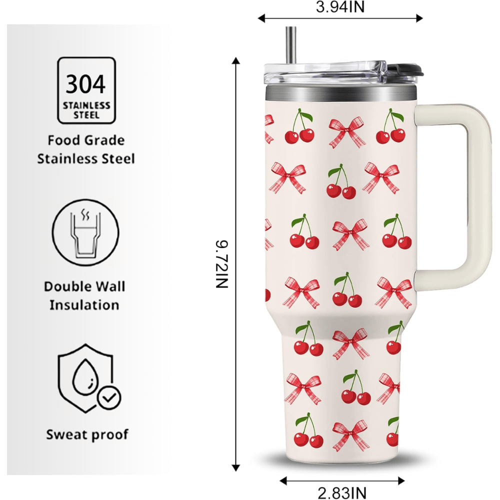 40oz Coquette Cherry Bow Tumbler | Aesthetic Pink & Cherry Gift for Her, Girls & Fruit Lovers