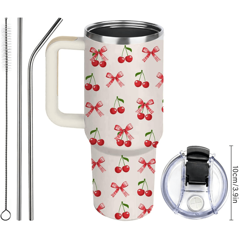 40oz Coquette Cherry Bow Tumbler | Aesthetic Pink & Cherry Gift for Her, Girls & Fruit Lovers