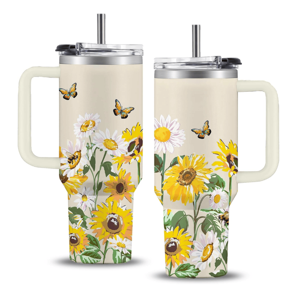 40oz "Pocketful of Sunshine" Tumbler | Vibrant White Daisy & Sunflower Gift for Floral Lovers