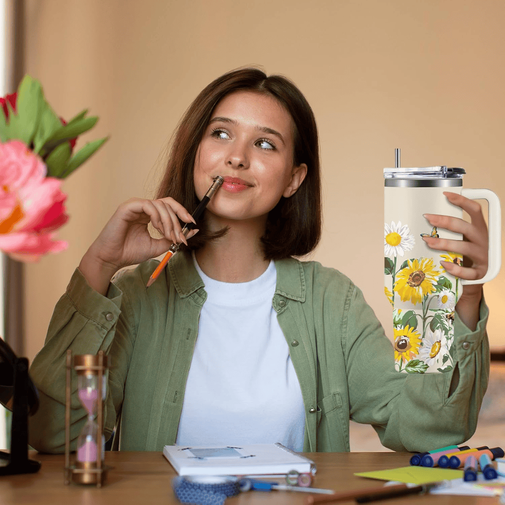 40oz "Pocketful of Sunshine" Tumbler | Vibrant White Daisy & Sunflower Gift for Floral Lovers