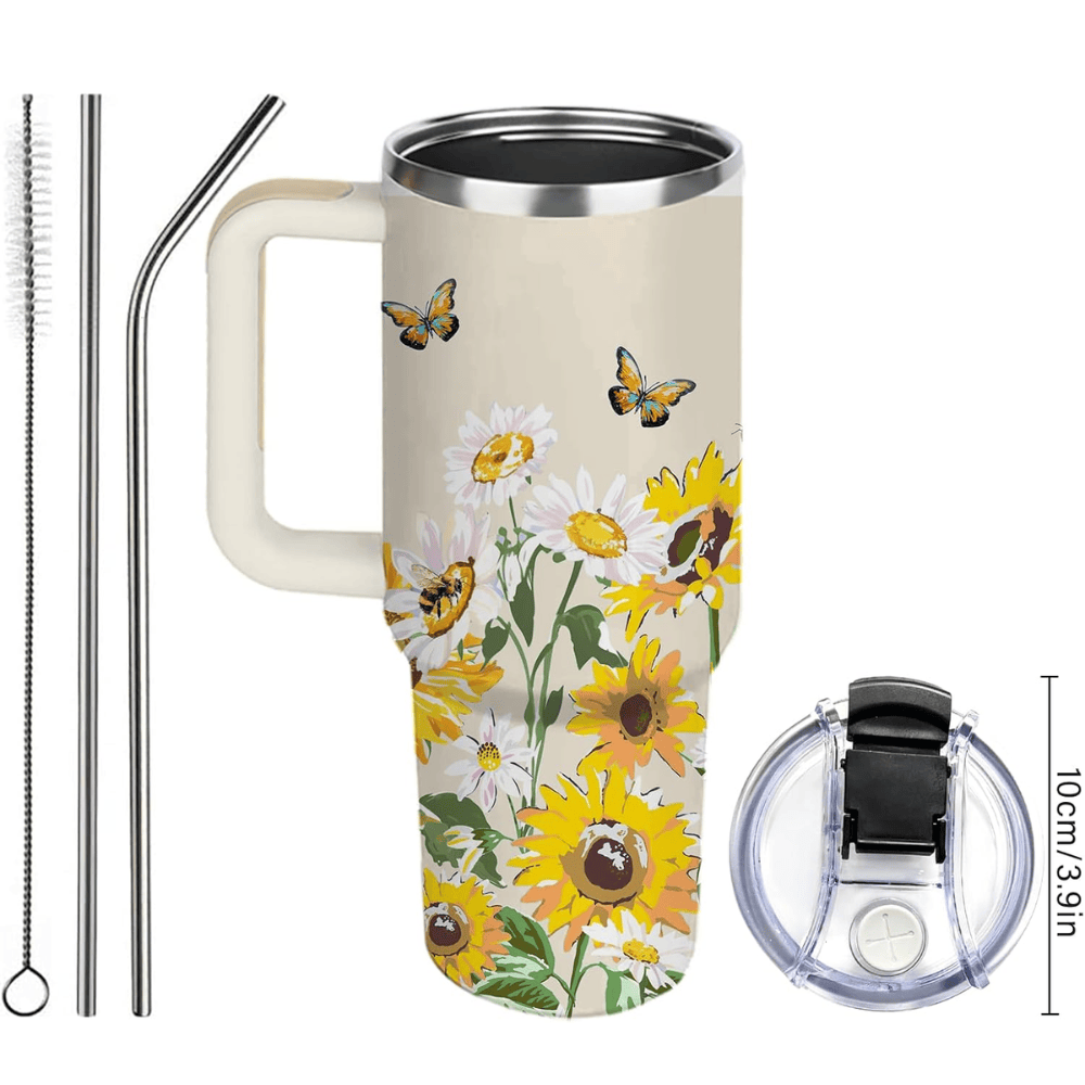 40oz "Pocketful of Sunshine" Tumbler | Vibrant White Daisy & Sunflower Gift for Floral Lovers