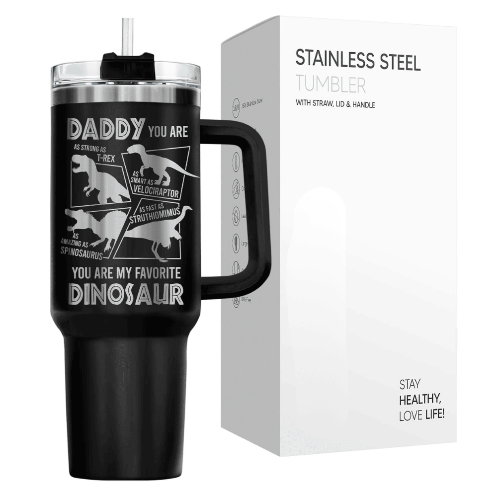 40oz Daddysaurus Tumbler with Handle | Funny Dinosaur Dad Travel Mug