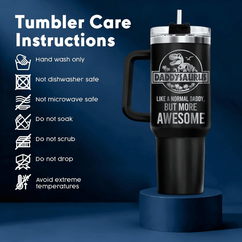 40oz Daddysaurus Tumbler with Handle | Funny Dinosaur Dad Travel Mug