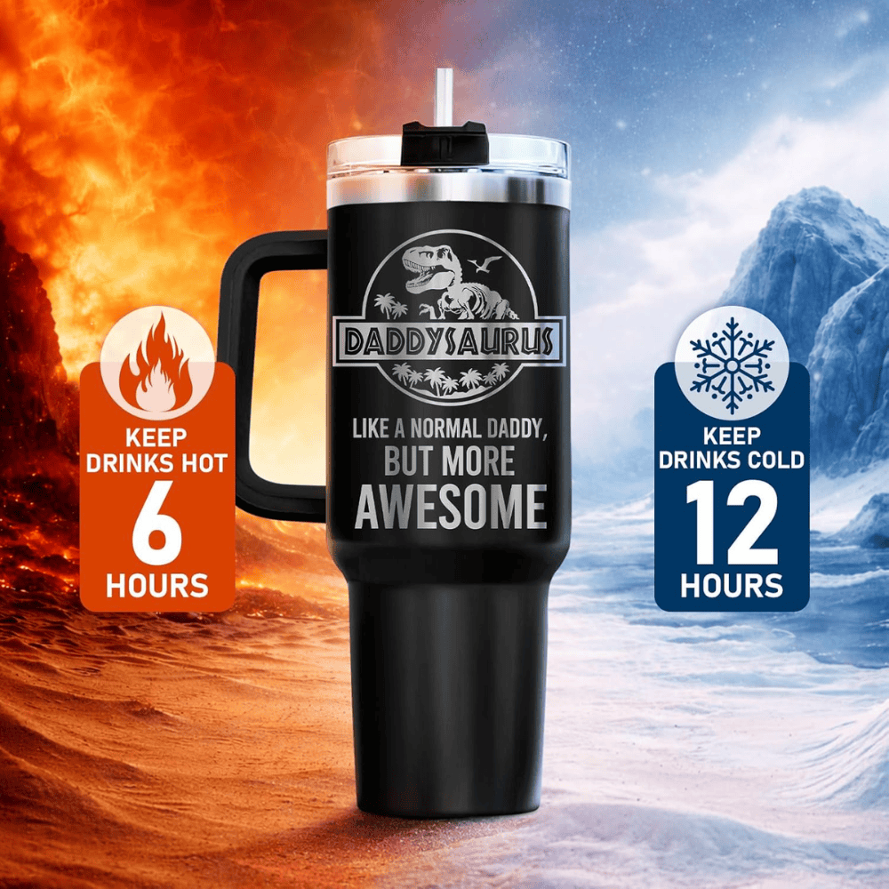 40oz Daddysaurus Tumbler with Handle | Funny Dinosaur Dad Travel Mug