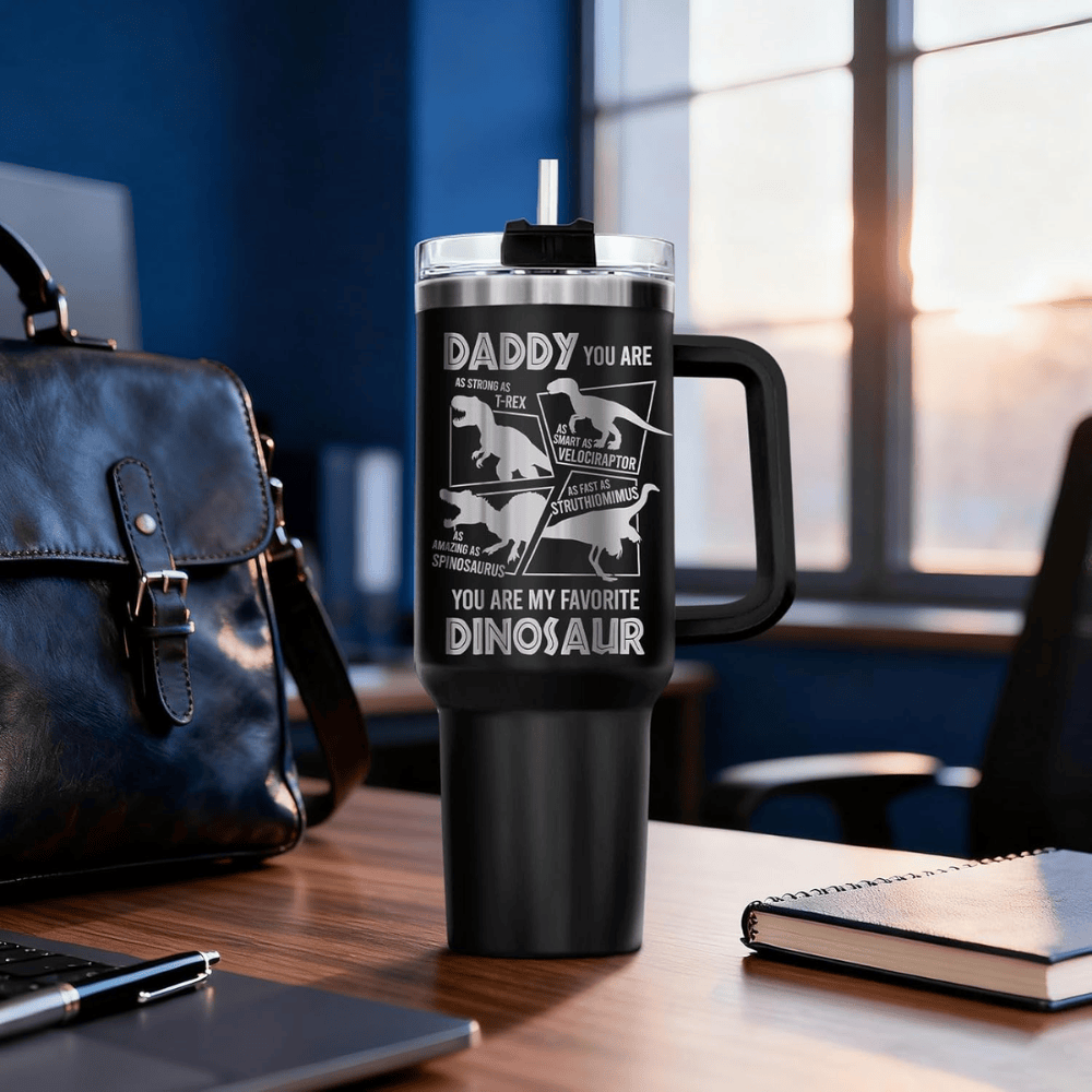 40oz Daddysaurus Tumbler with Handle | Funny Dinosaur Dad Travel Mug