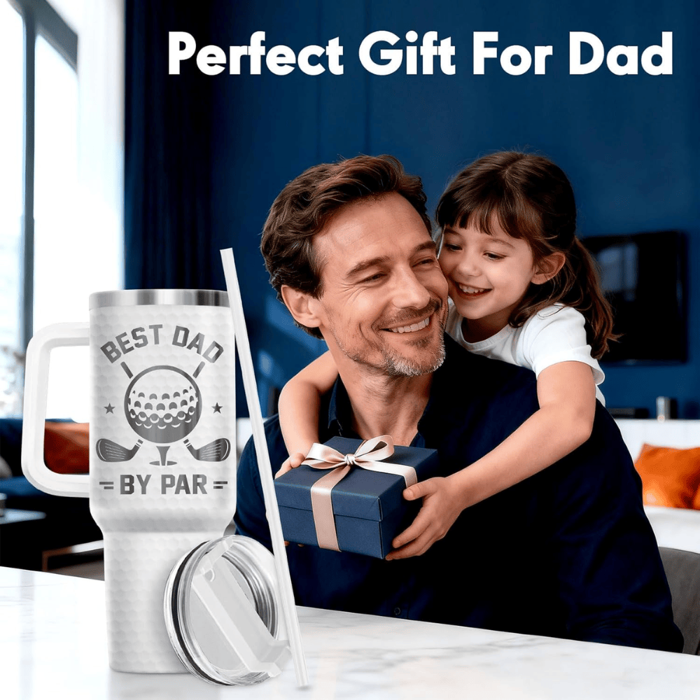 40oz "Best Dad By Par" Golf Tumbler with Handle | Stainless Steel Golfer Dad Travel Mug