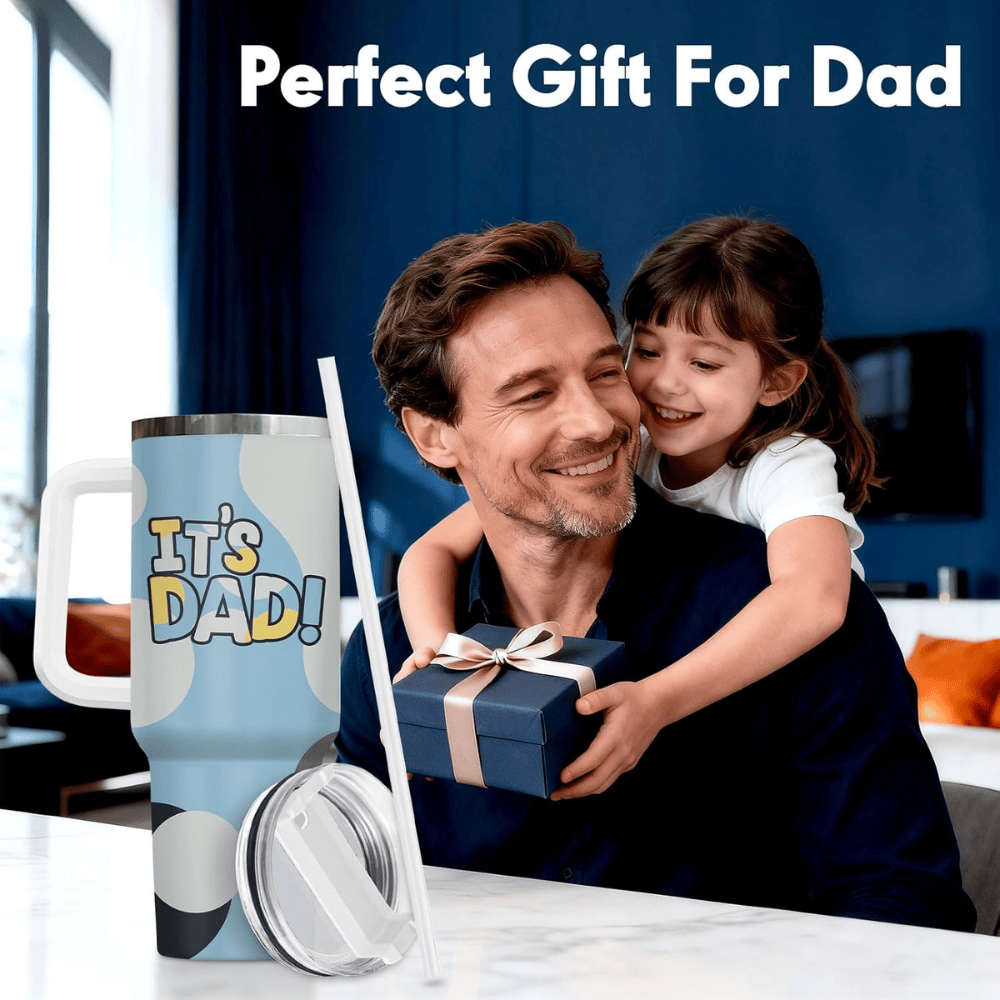 40oz Funny "It's Dad" Tumbler with Handle | Gamer Dad Travel Mug