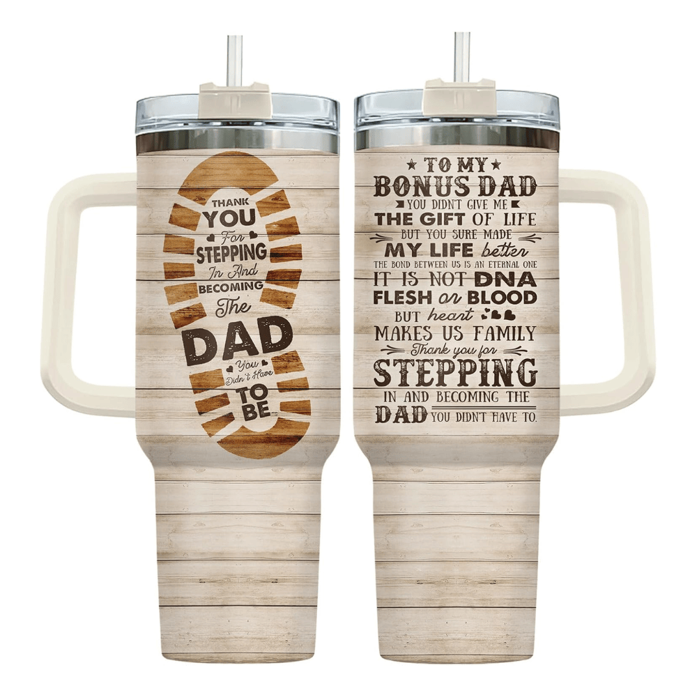 40oz "Bonus Dad" Wood Grain Tumbler with Handle | Stepdad Travel Mug