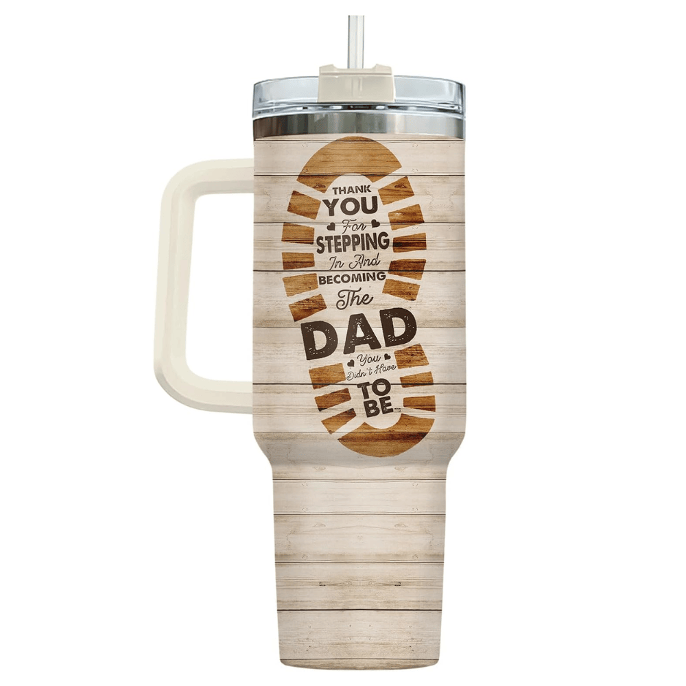 40oz "Bonus Dad" Wood Grain Tumbler with Handle | Stepdad Travel Mug