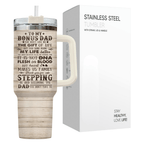 40oz "Bonus Dad" Wood Grain Tumbler with Handle | Stepdad Travel Mug