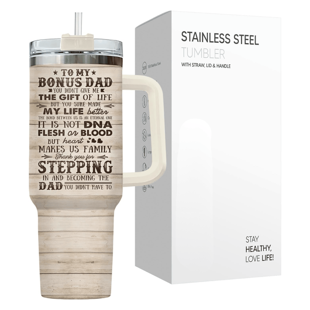 40oz "Bonus Dad" Wood Grain Tumbler with Handle | Stepdad Travel Mug