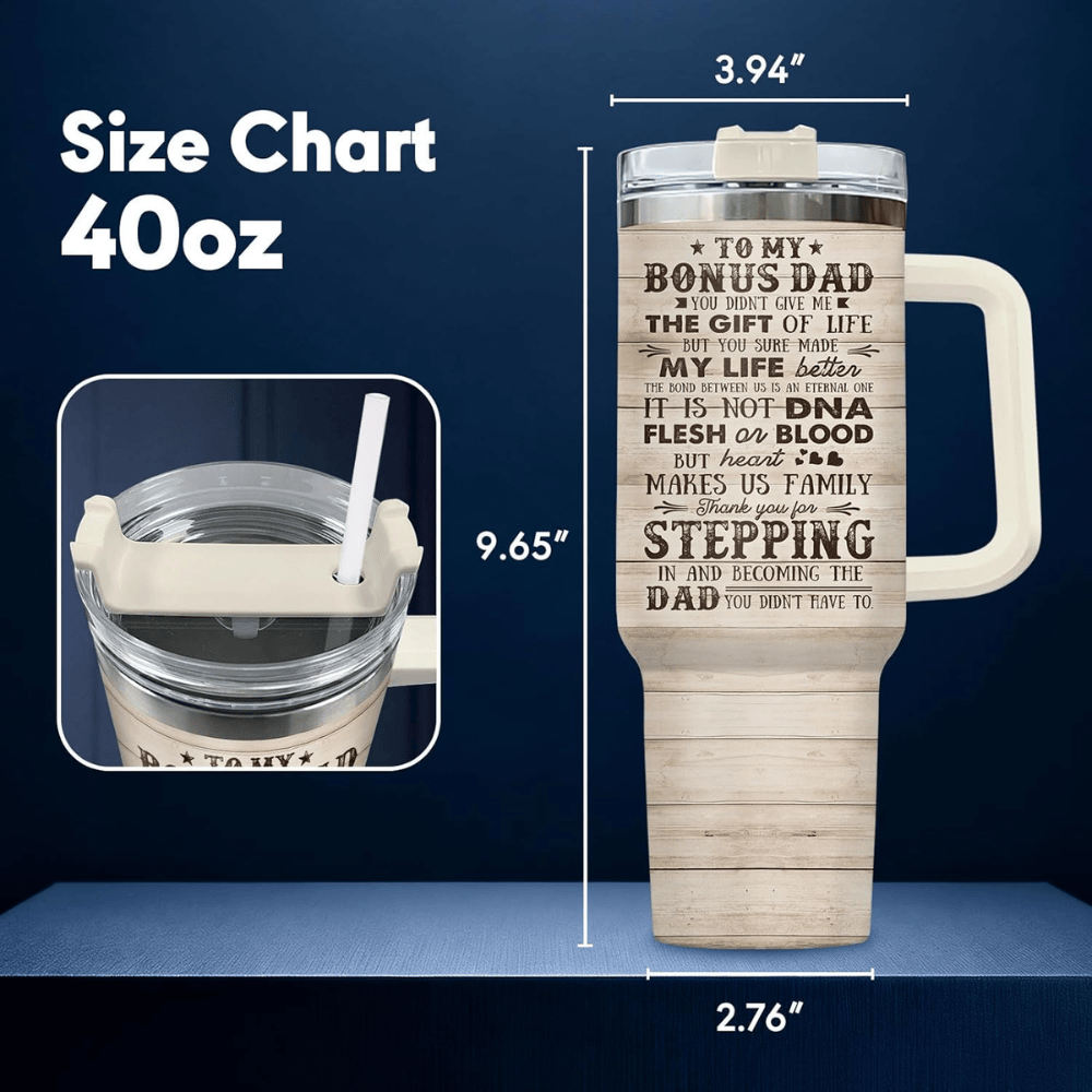 40oz "Bonus Dad" Wood Grain Tumbler with Handle | Stepdad Travel Mug