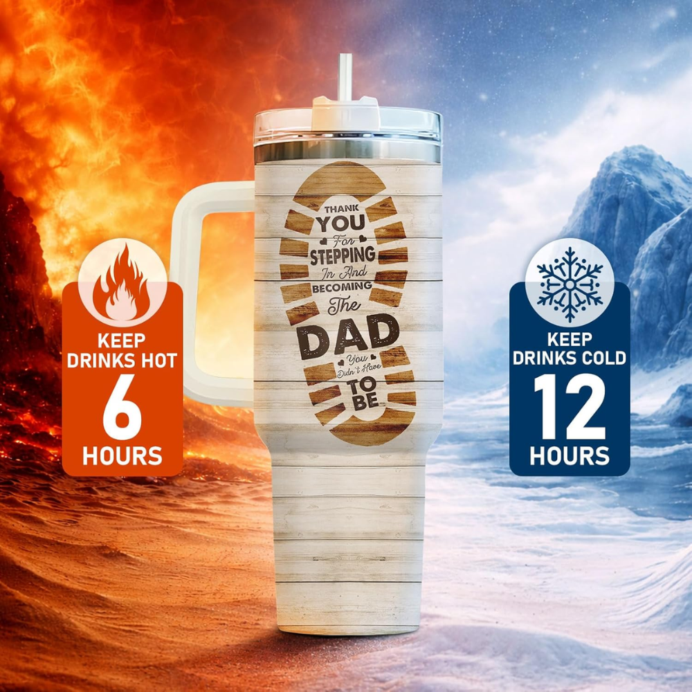 40oz "Bonus Dad" Wood Grain Tumbler with Handle | Stepdad Travel Mug