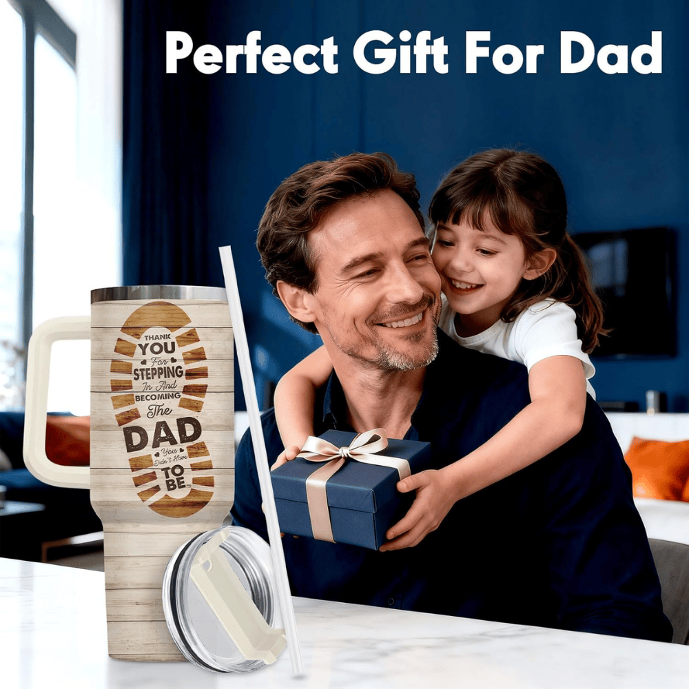 40oz "Bonus Dad" Wood Grain Tumbler with Handle | Stepdad Travel Mug