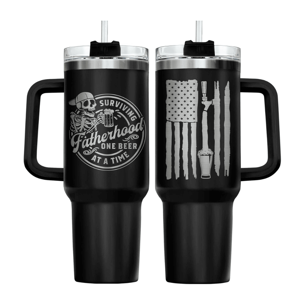 40oz Funny "Surviving Fatherhood" Tumbler with Handle | Beer Dad Travel Mug
