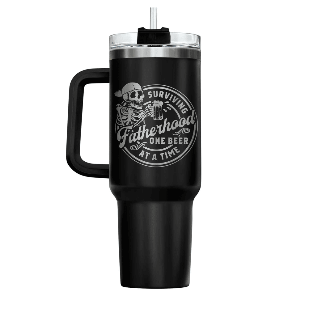 40oz Funny "Surviving Fatherhood" Tumbler with Handle | Beer Dad Travel Mug