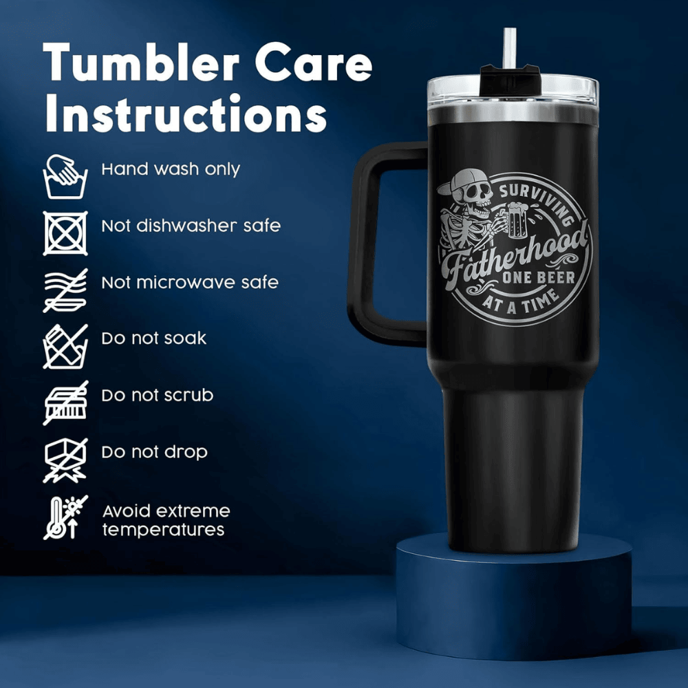 40oz Funny "Surviving Fatherhood" Tumbler with Handle | Beer Dad Travel Mug