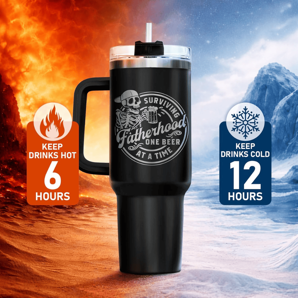 40oz Funny "Surviving Fatherhood" Tumbler with Handle | Beer Dad Travel Mug
