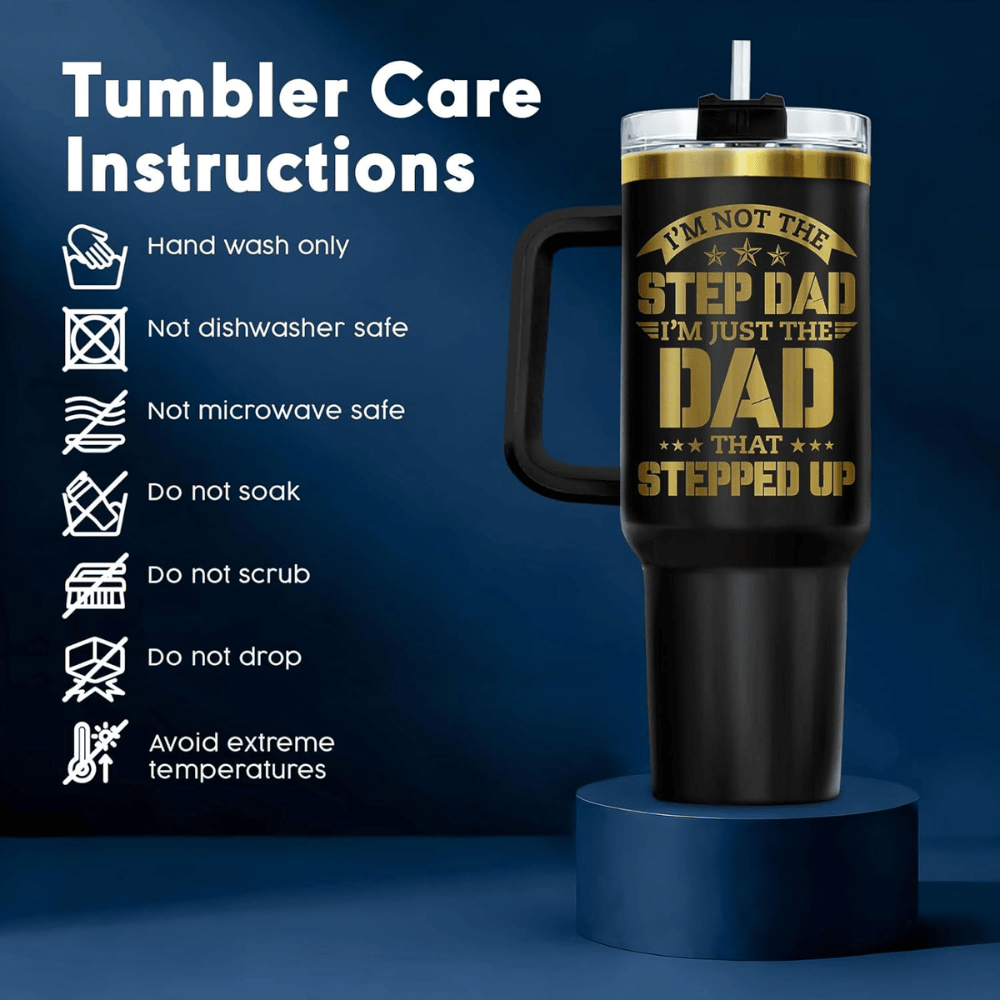 40oz "Stepped Up Dad" Tumbler with Handle | Black & Gold Bonus Dad Travel Mug