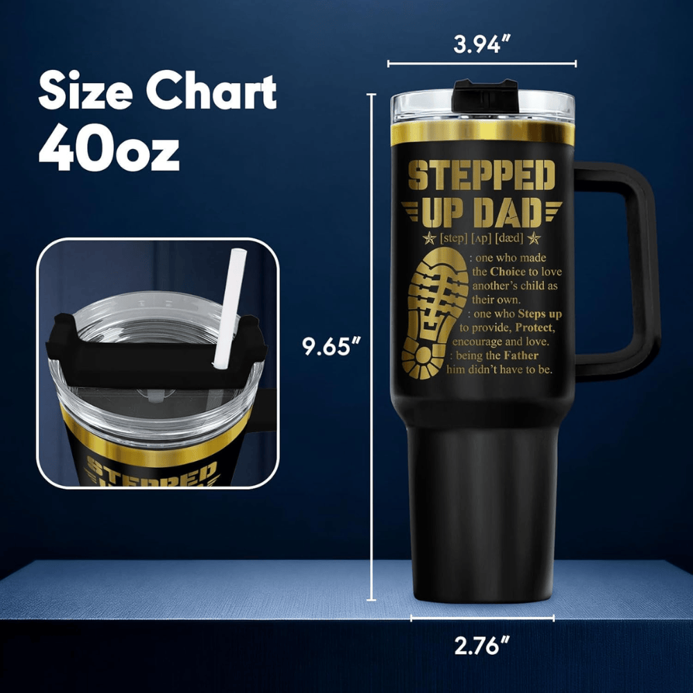 40oz "Stepped Up Dad" Tumbler with Handle | Black & Gold Bonus Dad Travel Mug