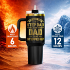 40oz "Stepped Up Dad" Tumbler with Handle | Black & Gold Bonus Dad Travel Mug