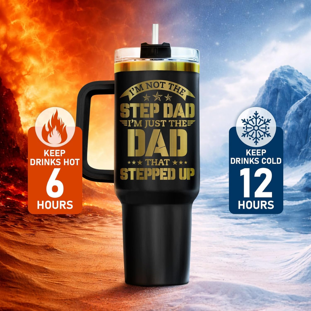 40oz "Stepped Up Dad" Tumbler with Handle | Black & Gold Bonus Dad Travel Mug