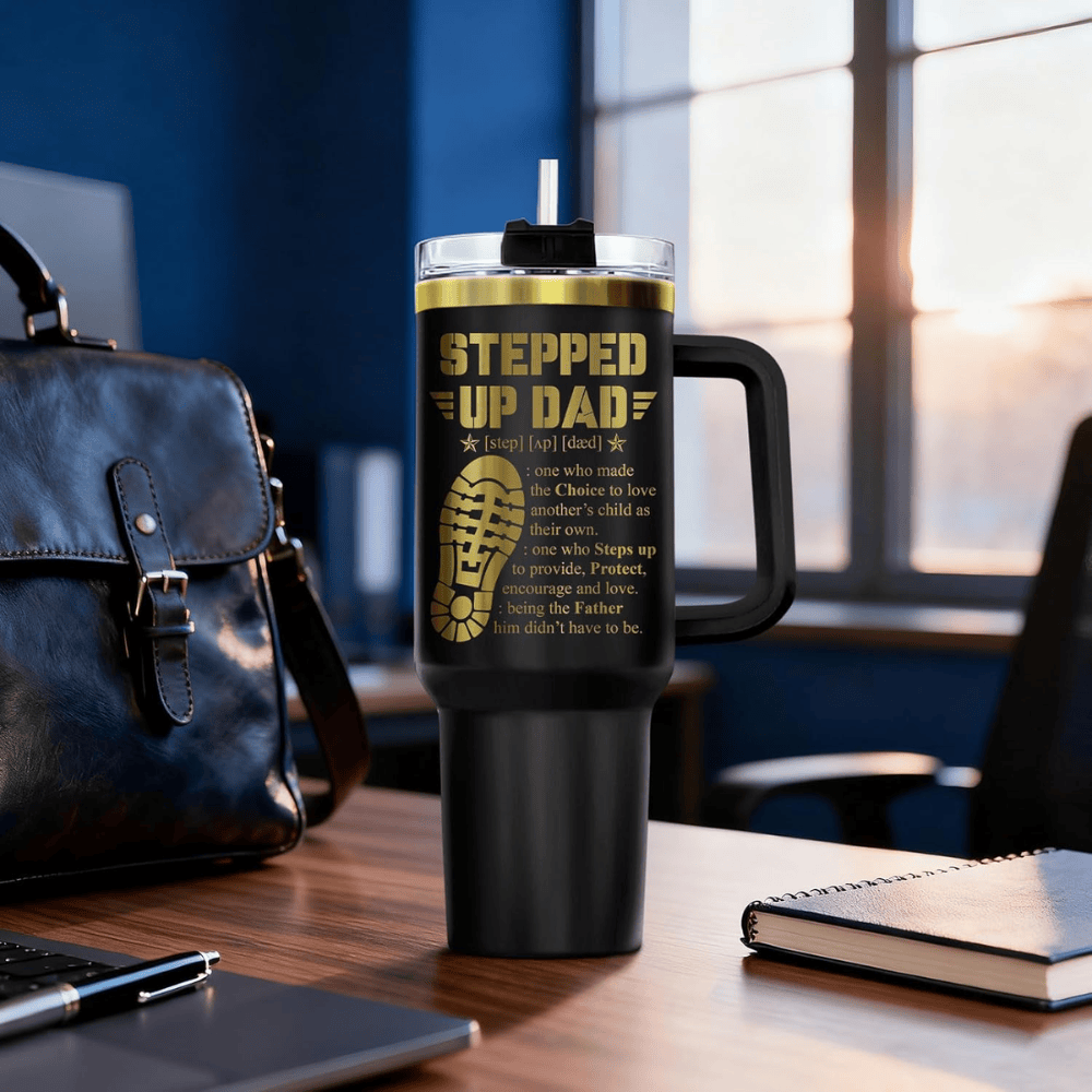 40oz "Stepped Up Dad" Tumbler with Handle | Black & Gold Bonus Dad Travel Mug