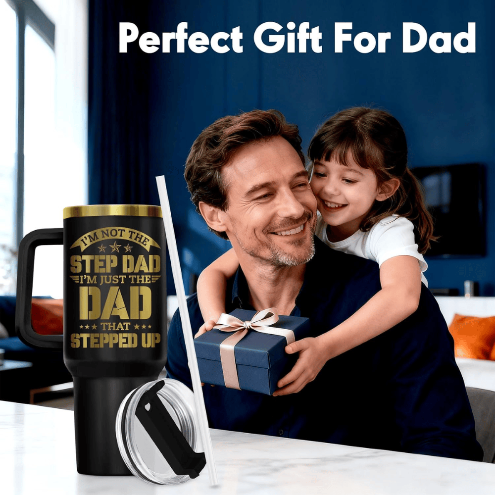 40oz "Stepped Up Dad" Tumbler with Handle | Black & Gold Bonus Dad Travel Mug