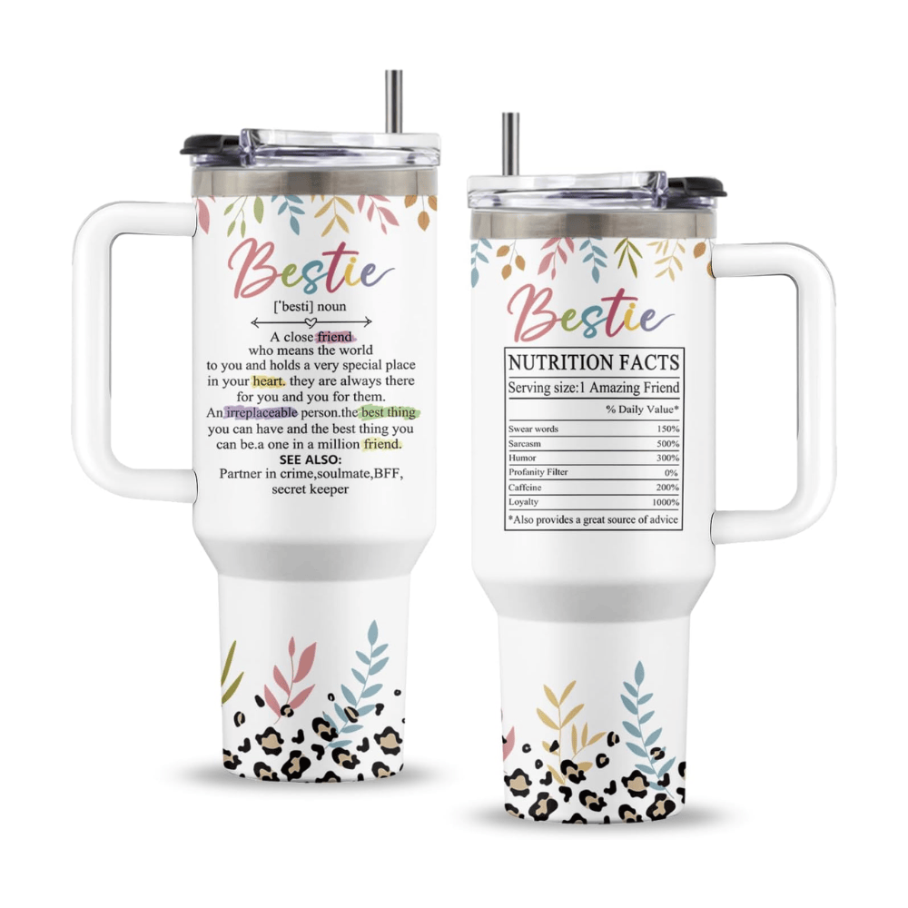 Pink "Bestie" 40oz Floral Tumbler with Handle | BFF Friendship Travel Mug