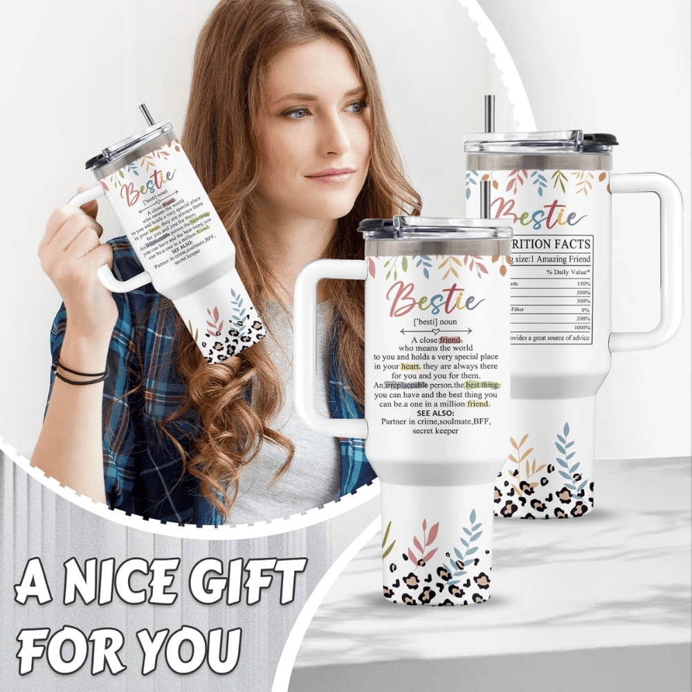 Pink "Bestie" 40oz Floral Tumbler with Handle | BFF Friendship Travel Mug