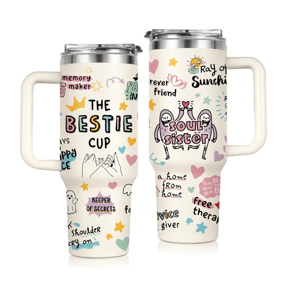 Creamy White "Soul Sisters" 40oz Tumbler with Handle | Bestie Friendship Travel Mug