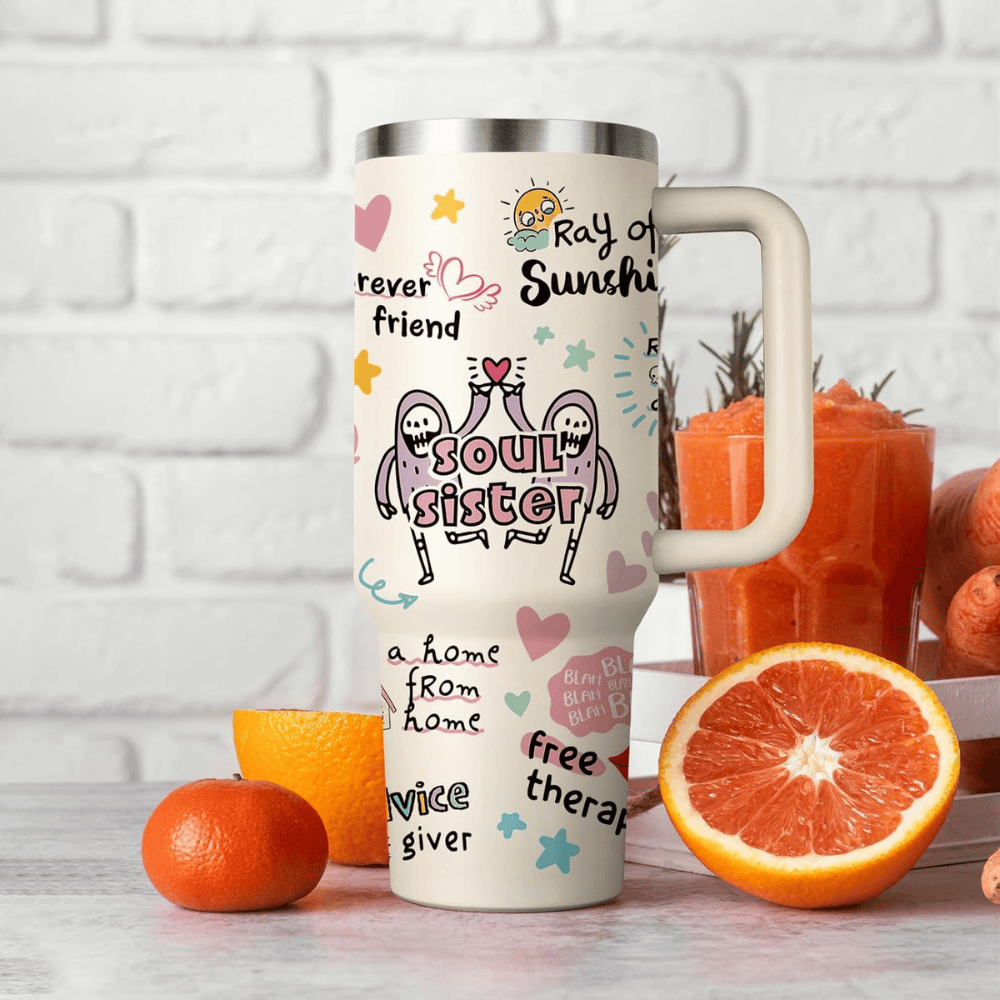 Creamy White "Soul Sisters" 40oz Tumbler with Handle | Bestie Friendship Travel Mug