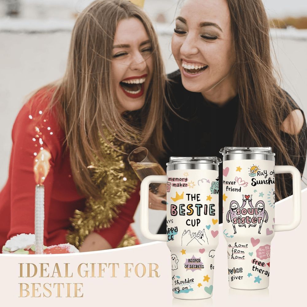 Creamy White "Soul Sisters" 40oz Tumbler with Handle | Bestie Friendship Travel Mug