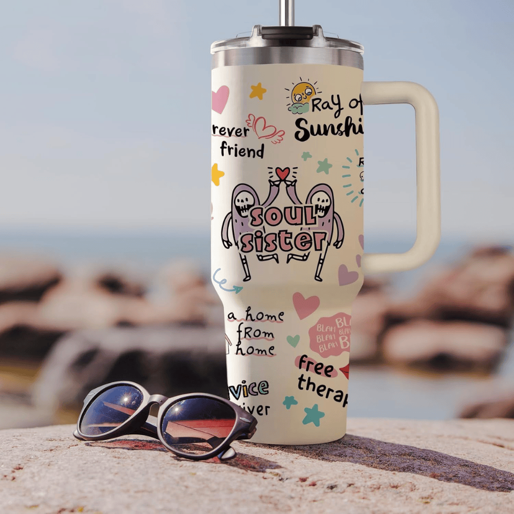 Creamy White "Soul Sisters" 40oz Tumbler with Handle | Bestie Friendship Travel Mug