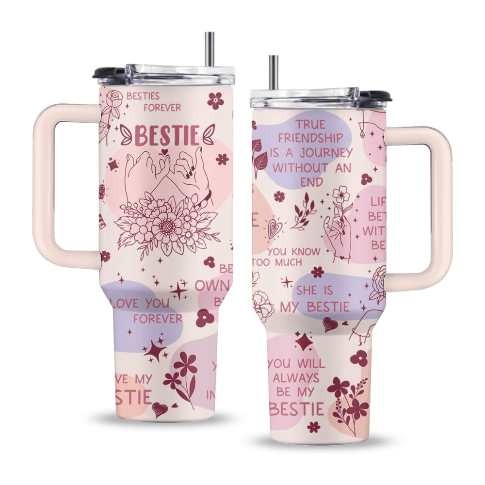 Creamy Pink "Work Bestie" 40oz Tumbler with Handle | Floral Colleague Travel Mug