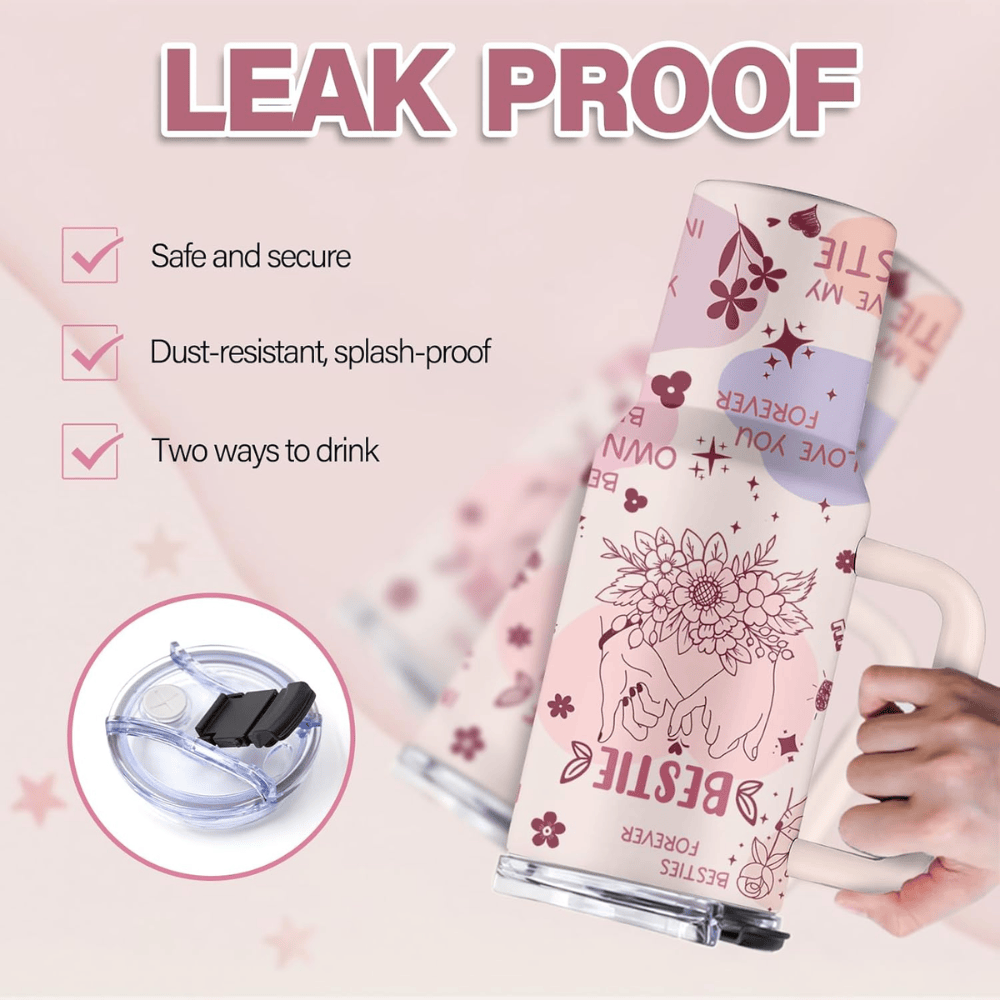 Creamy Pink "Work Bestie" 40oz Tumbler with Handle | Floral Colleague Travel Mug