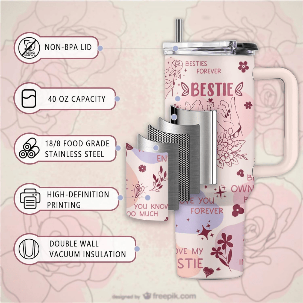 Creamy Pink "Work Bestie" 40oz Tumbler with Handle | Floral Colleague Travel Mug