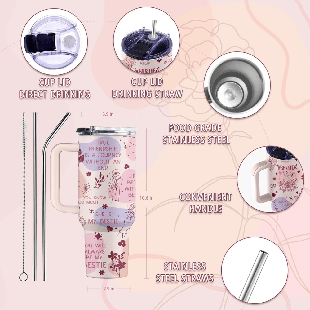 Creamy Pink "Work Bestie" 40oz Tumbler with Handle | Floral Colleague Travel Mug