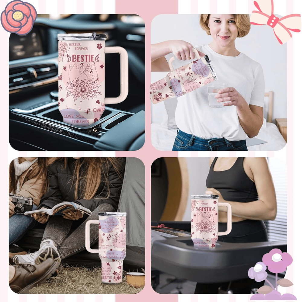 Creamy Pink "Work Bestie" 40oz Tumbler with Handle | Floral Colleague Travel Mug