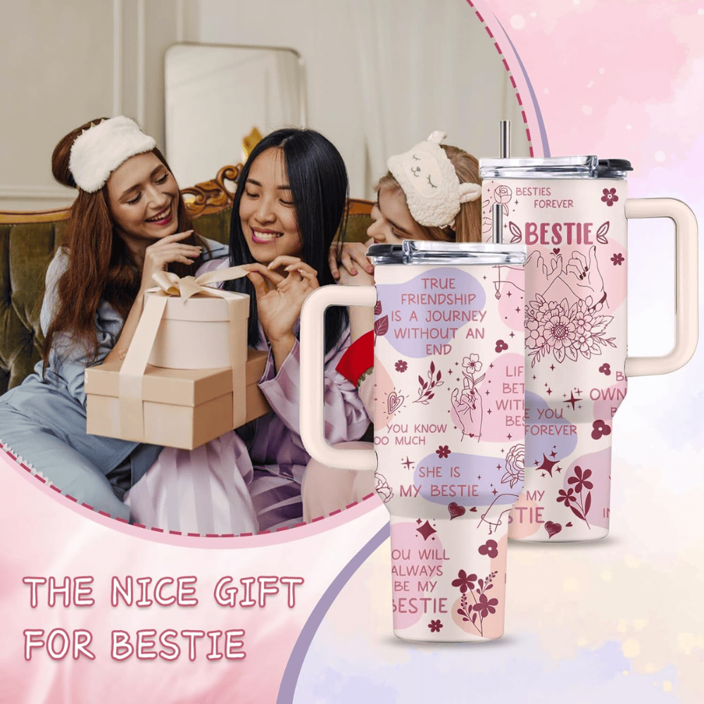 Creamy Pink "Work Bestie" 40oz Tumbler with Handle | Floral Colleague Travel Mug