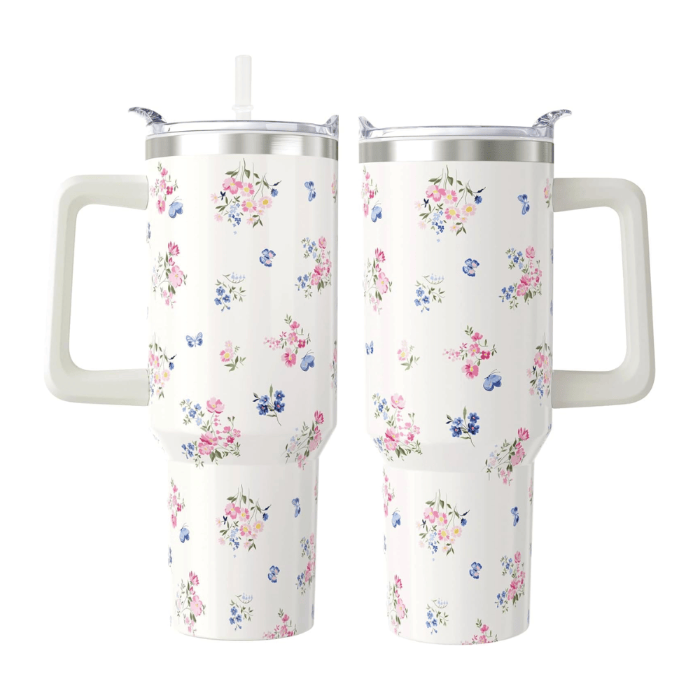 Vibrant Floral 40oz Tumbler with Handle | Stainless Steel Insulated Travel Mug
