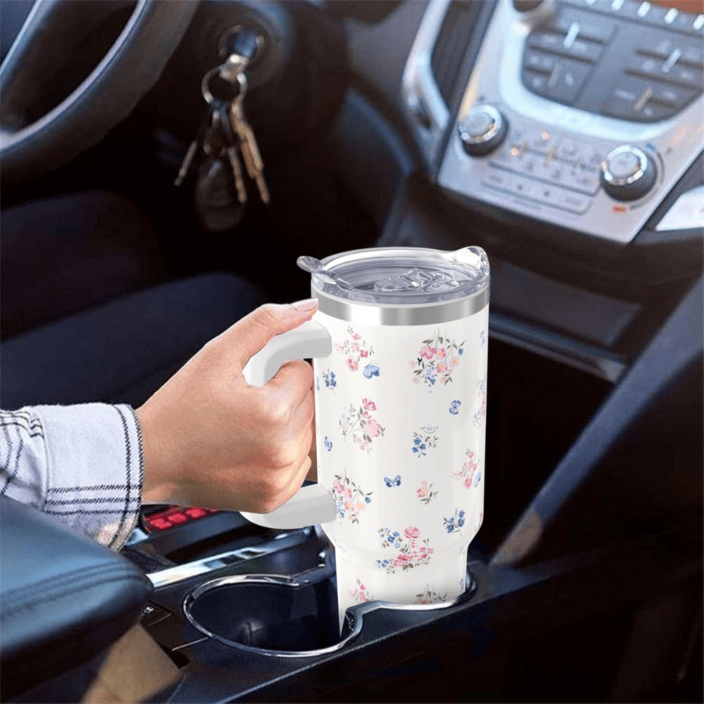 Vibrant Floral 40oz Tumbler with Handle | Stainless Steel Insulated Travel Mug