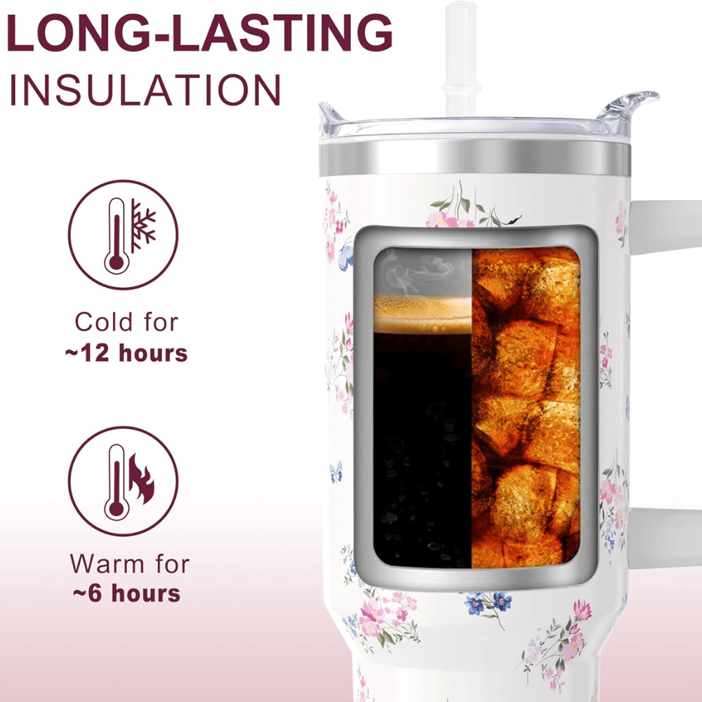 Vibrant Floral 40oz Tumbler with Handle | Stainless Steel Insulated Travel Mug